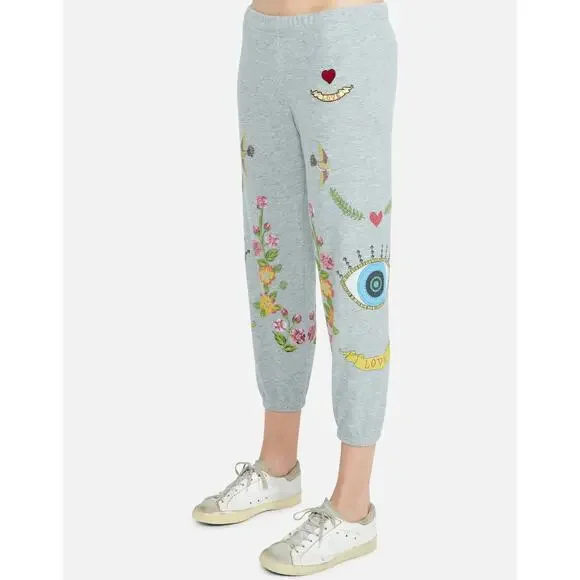 Lauren Moshi Pants Small Joggers Floral Evil Eye Gray Lightweight Sweatpants - Picture 2 of 8